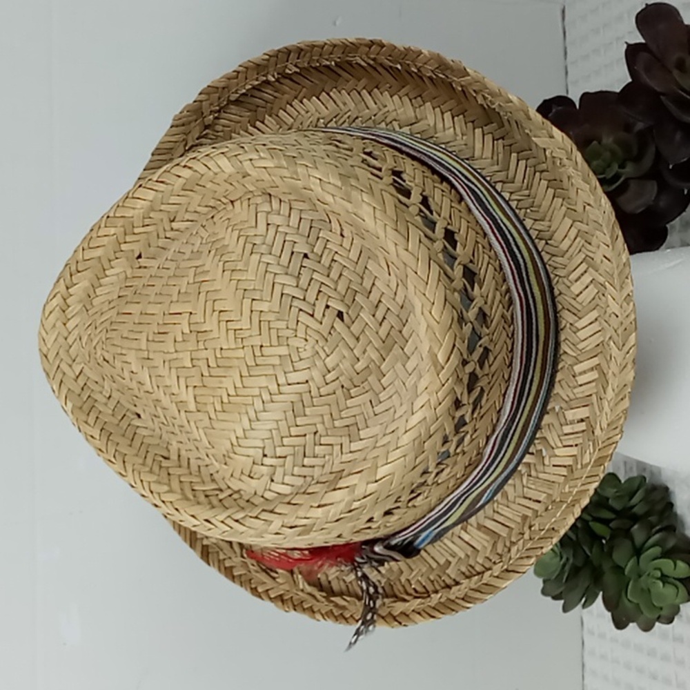 Peter Grimm Straw Pork Pie Hat w/Multi Color Crossgrain Band & Feather Accents - Picture 2 of 14